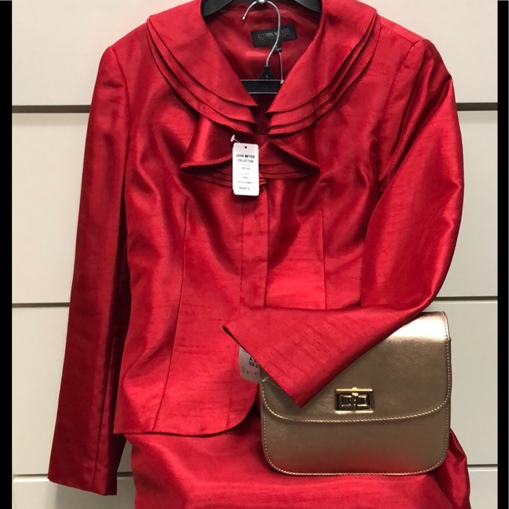 NWT Size 6 JOHN MEYER shiny red 2 pc skirt suit